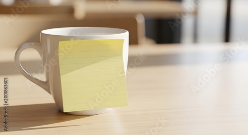 White mug with yellow sticky note on a wooden surface with sunlight