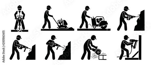 Construction worker icons set, builders using industrial power tools for building and road repair work, pictogram collection of professional manual labor activities on a construction site, black and w