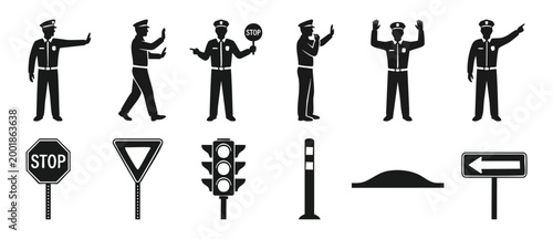 Police Officer Traffic Control Icons Set - Stop Sign, Signals and Road Safety Symbols for Highway Management and Urban Regulation Design Elements in Simple Flat Black Vector Graphic Style Collection