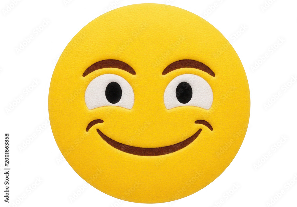 Fototapeta premium Smiling yellow emoji with expressive eyes and mouth isolated on transparent background