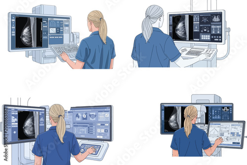 Professional female doctor analyzing mammogram breast cancer screening results on digital hospital monitors in flat vector