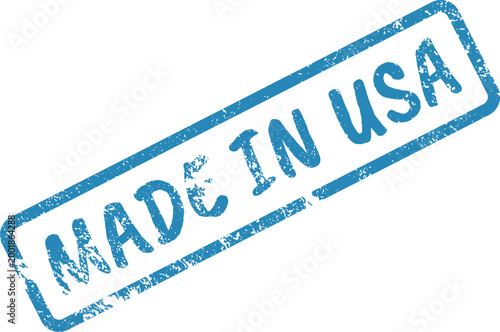 Blue rectangular seal showing the phrase Made in USA Rubber stamp for product origin labeling