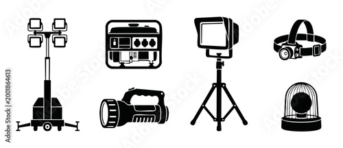 Lighting equipment and power generator icon set, portable construction light towers, handheld flashlights, headlamp and beacon light tools for emergency work, industrial site maintenance and night sec