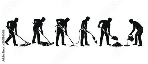 Construction worker silhouettes icon set, road maintenance and building site labor activities including asphalt paving, manual digging, torch welding, sweeping and pouring material for professional wo