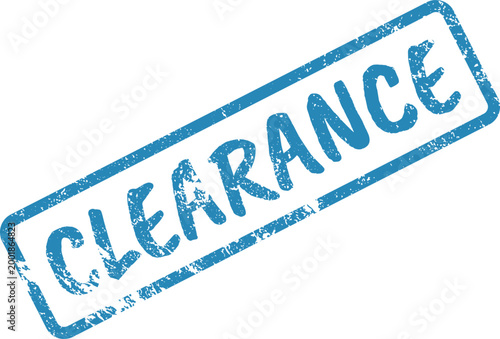 Blue rubber stamp impression clearly displays the word CLEARANCE on a clean white background, indicating a special sale