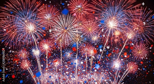 Vibrant fireworks display on 4th of July with red white and blue confetti and stars filling the night sky