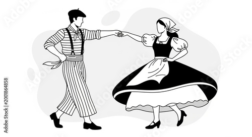 Vintage Couple Dancing Traditional Folk Dance Illustration.