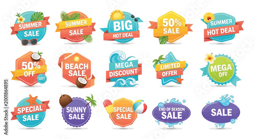 Minimalist pastel color sale badges and labels for summer seasonal promotion isolated on white background