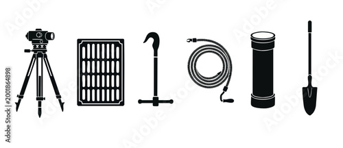 Construction and Surveying Equipment Icons Set featuring Theodolite, Manhole Cover, Hook Tool, Plumbing Auger, Pipe Section, and Shovel for Engineering, Infrastructure, and Industrial Site Projects Ve