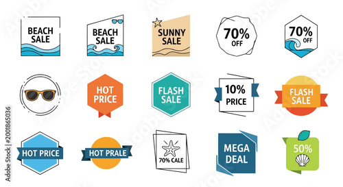 Set of 15 flat summer sale badges and promotion labels isolated on white background