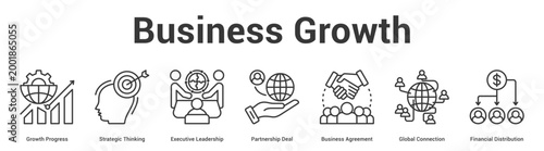 Business Growth web banner icon set vector illustration concept for business with icon of Growth Progress, Strategic Thinking, Executive Leadership, Partnership Deal, Business Agreement, Glo.