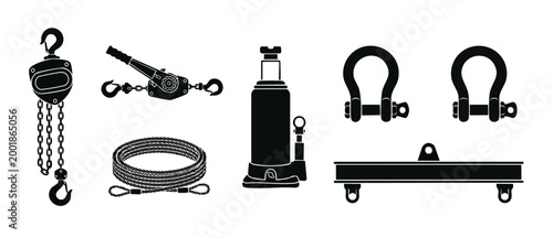Industrial Lifting Equipment Icons Set, Heavy Duty Tools Collection, Chain Hoist and Hydraulic Jack Vector Illustration for Construction, Engineering, Logistics, Cargo Rigging, and Industrial Maintena