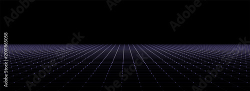 Technology perspective grid background. Digital space wireframe landscape. Vector purple mesh on a black background.