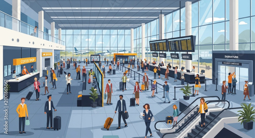 Busy Airport Terminal with Passengers and Luggage.