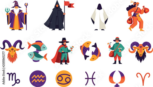 Zodiac Signs and Fantasy Characters Collection with Horoscope Symbols, Wizards, Magical Creatures, and Astrology Illustration Elements