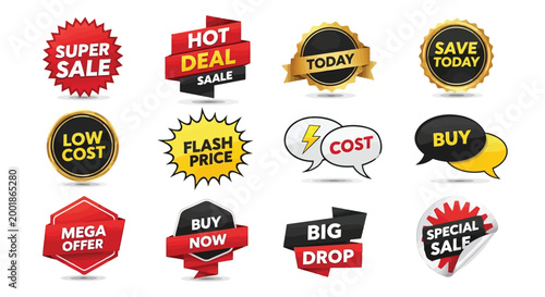 Collection of sale and discount badges and stickers isolated on white background