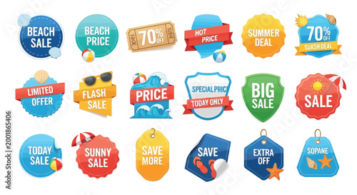 Collection of summer beach sale labels and promotional badges with sea elements isolated on white background