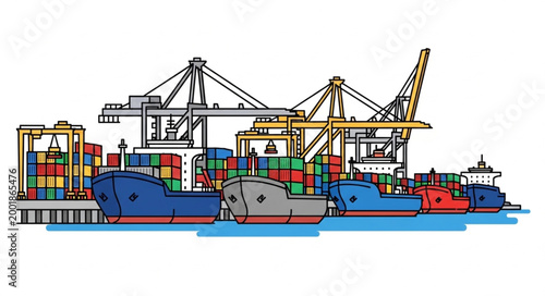 Cargo Ships Docked at Port with Cranes and Containers.