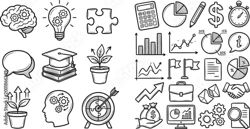 Business Strategy and Growth Icons Collection Featuring Brainstorming, Financial, and Data Analysis Symbols for Websites, Apps, and Digital Media Designs