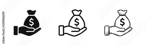 Hand Holding Money Bag with Dollar Sign Icon Set - Finance and Wealth Symbol