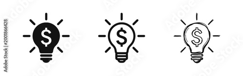 Light bulb with dollar sign icons set in solid, outline and sketch style. Financial idea and money making concept.