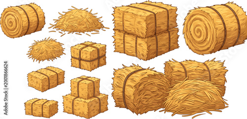 Hay Bale Collection Featuring Square and Round Haystacks for Websites, Apps, and Digital Media Designs