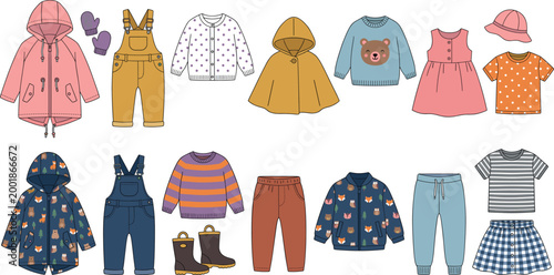 Kids Clothing Collection Featuring Jackets, Dresses, Overalls, Hats, and Boots for Websites, Apps, and Digital Media Designs