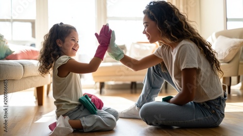 A joyful Afro-Latino mother and daughter playfully clean their home together.