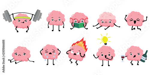 Cute Cartoon Brain character set. Education and mind problems. Tired, burnout, depression, sad human brain concept. Stock vector illustration isolated on white background.