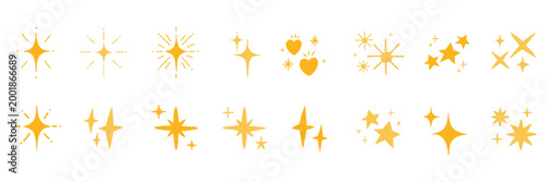 Φωτογραφία Golden sparkling stars hand drawn set, yellow twinkle elements, starbursts with wax crayon texture