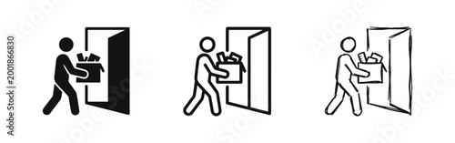 Person leaving office with box of belongings icons set in solid and sketch style. Resignation and career change concept.