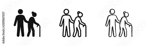 Person helping elderly woman with cane icons set in solid and hand-drawn style. Senior care and assistance concept.