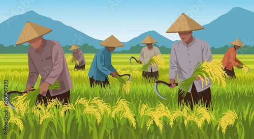 Farmers harvesting rice in a paddy field with traditional tools.