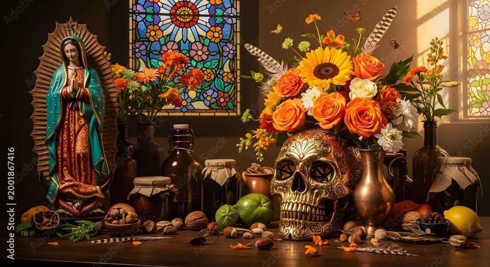 Fototapeta premium Day of the dead altar with virgin mary statue and flowers