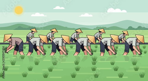Farmers planting rice in a paddy field.