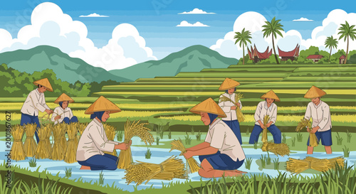 Farmers planting rice in a paddy field.