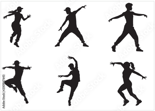 A set of street dance hip hop dancers in silhouette	