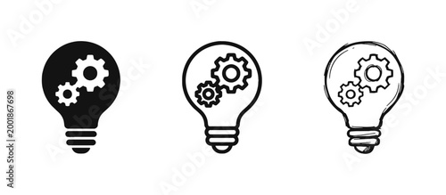 Light bulb with gears icons set in solid, outline and hand-drawn style. Creative process and innovation concept.