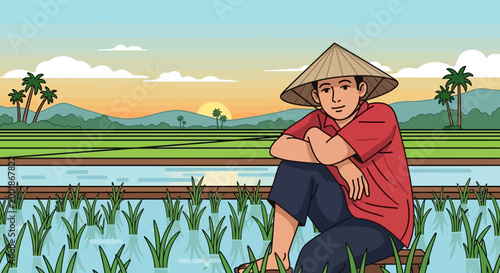 Young Asian farmer wearing a traditional conical hat.