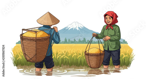 Two Asian farmers harvesting rice in a paddy field.