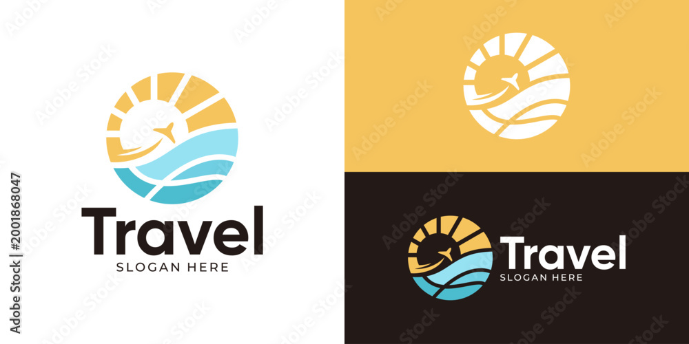 Naklejka premium Creative simple travel logo template. Sun sunset sunrise symbol with sea wave beach summer logo design vector illustration.