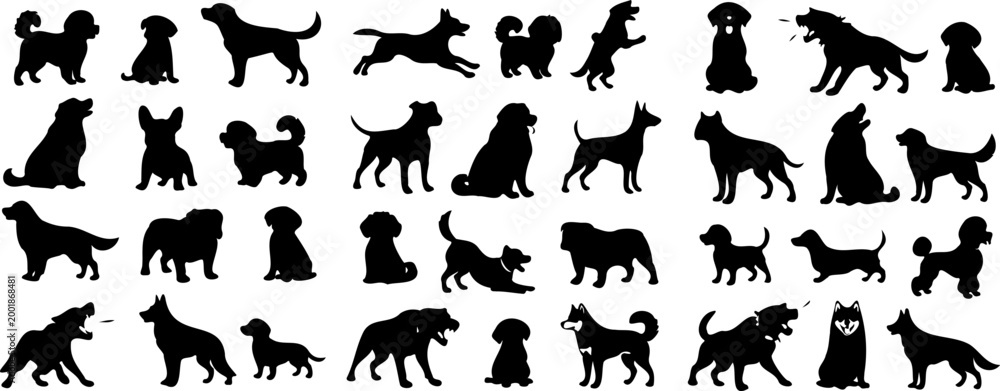 Fototapeta premium Abstract Black Dog Silhouette Cute And Aggressive Set