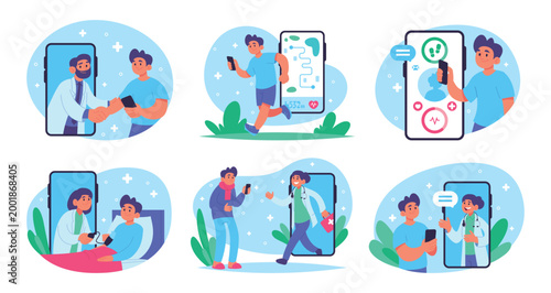 Medical mobile app. Gadgets and online services for remote health monitoring exact vector illustration set