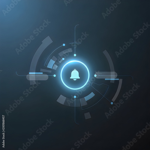 Futuristic notification bell icon in glowing digital user interface element