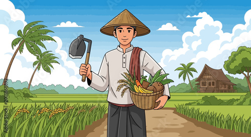 Asian farmer in traditional attire holding a hoe and a basket of fresh produce.