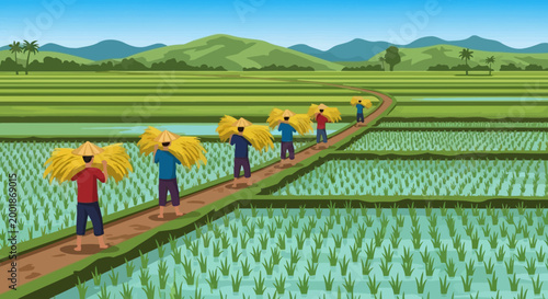Farmers carrying harvested rice stalks on a narrow path.