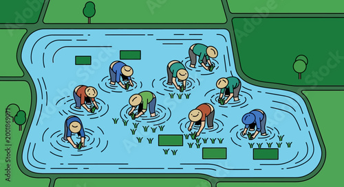 Farmers planting rice in a flooded paddy field.