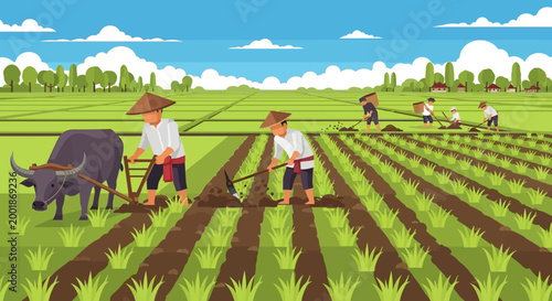 Farmers working in rice paddies with water buffalo.