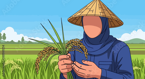 Female farmer in hijab and traditional hat holding rice stalks.