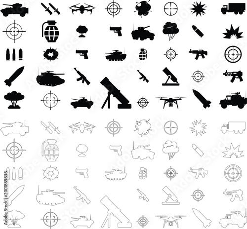 Military weapon icon set collection group, army war equipment, gun rifle missile tank grenade symbols, combat defense icons in black flat and line style vector, battlefield technology symbol pack